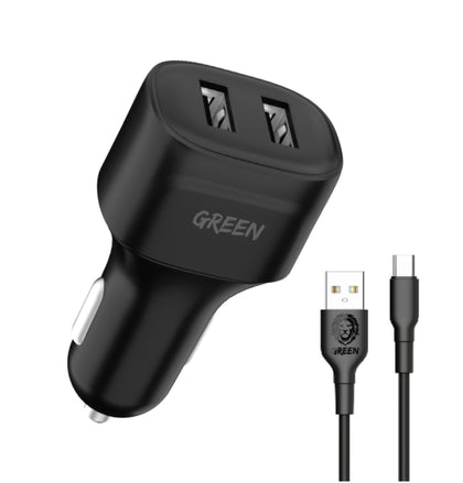 Green Dual Port Car Charger 12W with PVC Type-C Cable 1.2m